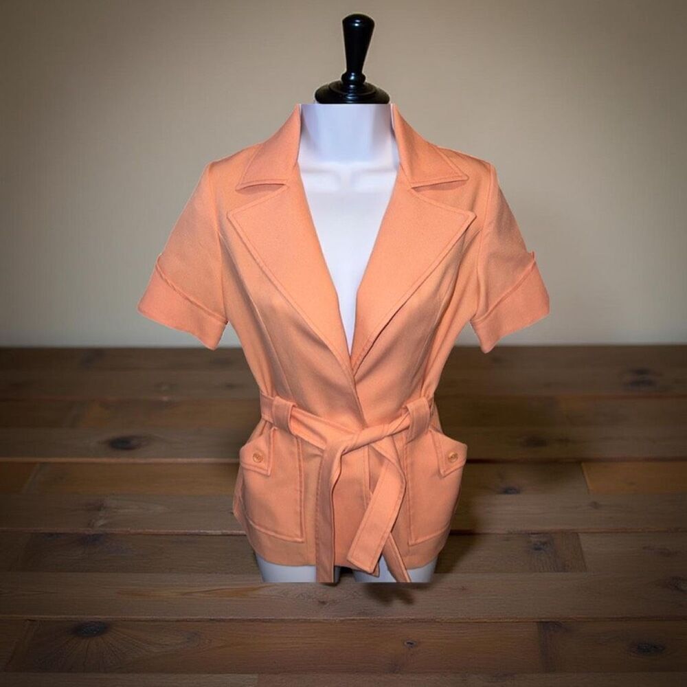 Vintage 70s Collage Town Peach Button Tie Waist Tailored Jacket Blazer Size 7/8